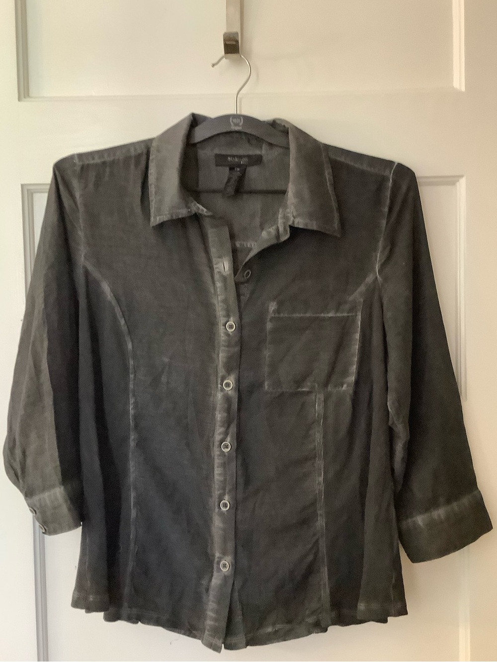 Style & Co Stonewashed Black Contrast Ribbed Safari Surplus Shirt, Petite Medium